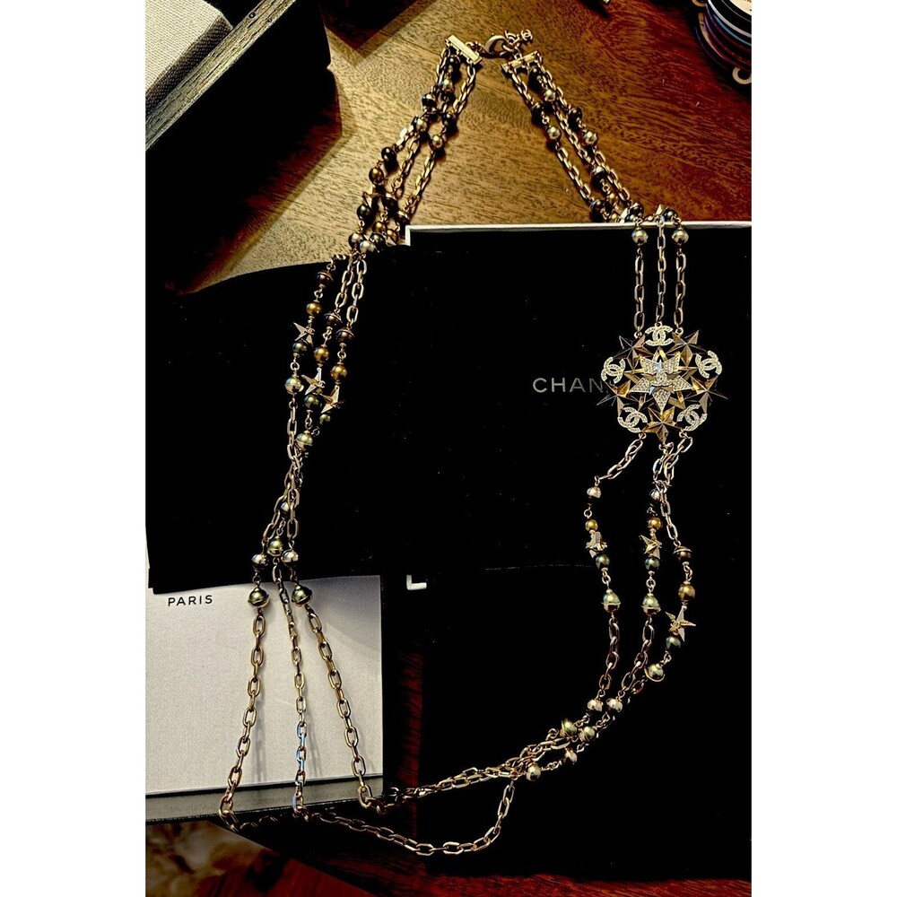 RARE CHANEL Gold/Green/gray Star Beaded Cable Chain Necklace